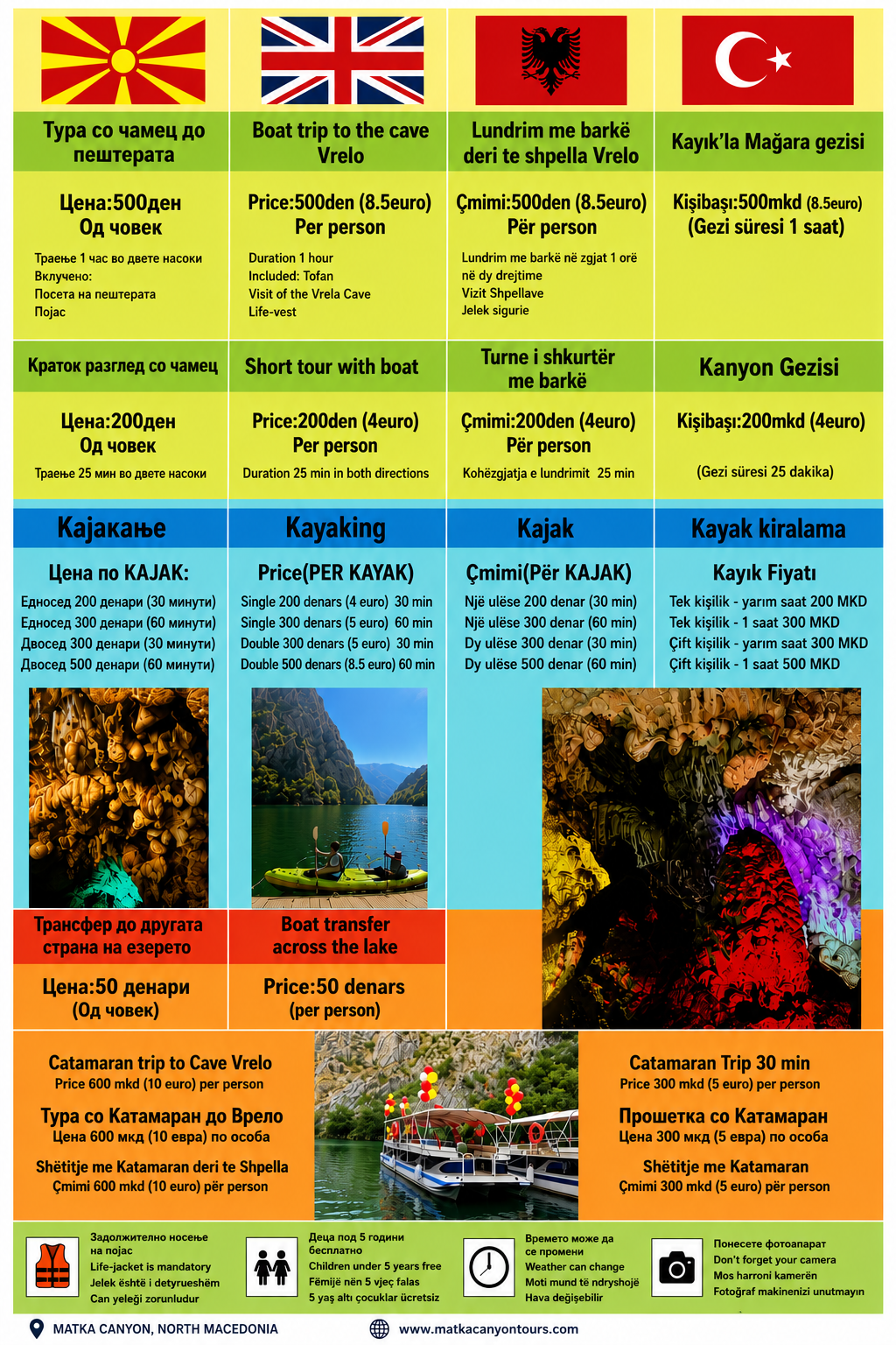 Official price list for Matka Canyon boat tours, Vrelo Cave boat trip, kayak rental, catamaran tours and lake transfer in North Macedonia.